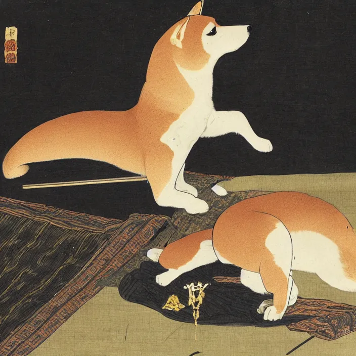 Prompt: a shiba-inu-samurai waking up from a nap, artwork on loan from the historical dog society of japan