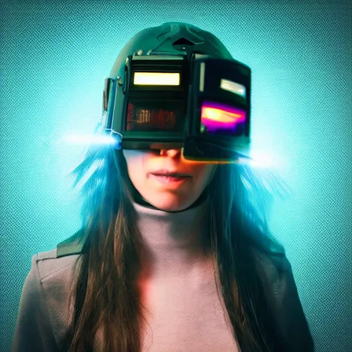 Prompt: a cyberpunk woman, there is a TV covering her head that she wears as a helmet