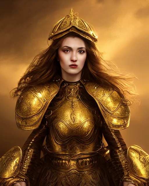 Image similar to matte painting portrait of woman in shining golden armor, high production value, intricate details, high resolution, hdr, high definition, masterpiece, realistic, ultrarealistic, highly detailed, hd, sharp focus, non blurry, sharp, smooth