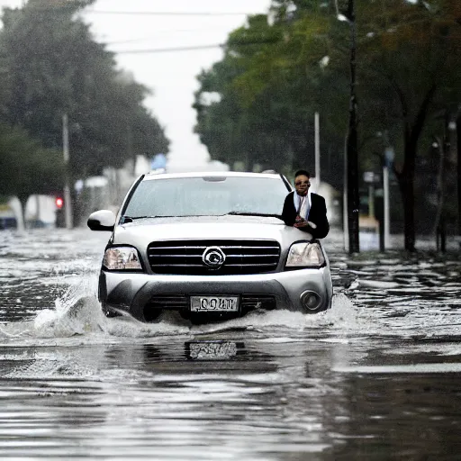 Image similar to A photo of a man in suit sitting on the top of a car in a flooded street, looking at his phone