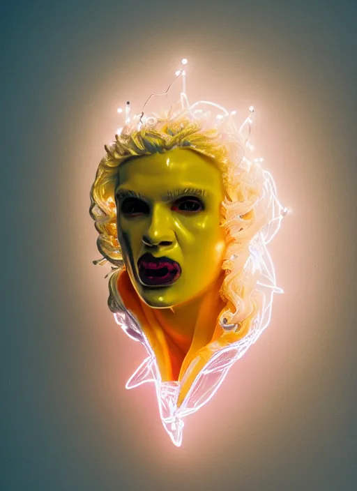Image similar to photo of baroque and bladerunner delicate neon diamond sculpture of ceramic albino king santiago cabrera seductive delicious tongue out, creamy red iridescent humanoid deity wearing white puffy hoody holding diamond skull in a yellow metallic dungeon, reclining, glowing rainbow face, crown of white diamonds, cinematic lighting, photorealistic, octane render 8 k depth of field 3 d