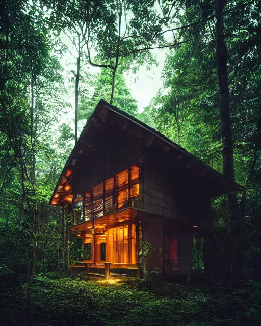 Image similar to an exquisite wooden house in the middle of a lush forest, visible through the lush overgrowth, architectural photography, dark and dim lighting, beautiful, tranquil, moody, cinematic, fantasy, 3 5 mm lens, volumetric lighting, first person view, photographic render, hyper realistic