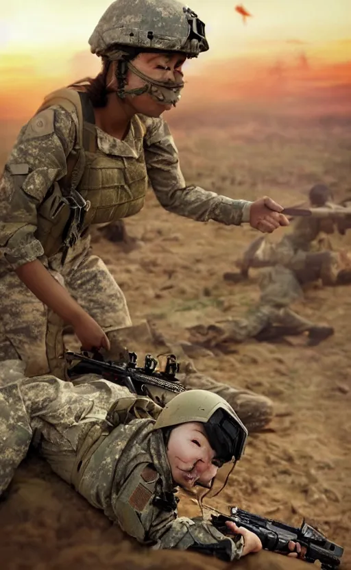 Prompt: female soldier grabbing a squad mate to the helicopter for the extraction while under heavy fire from the locals, highly detailed, high resolution, war footage, stunning, real sunset, girls frontline style, bokeh soft, 100mm, trending on instagram, photo by steve mccurry, realistic human anatomy, realistic military carrier, soldier clothing, modern warfare, realistic guns