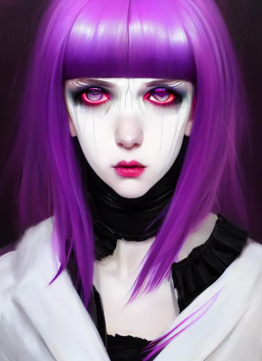 Image similar to portrait of white teenage girl, normal face, white bangs, mall goth, cyberlox, black and white hair, bangs, fluffy bangs, red contact lenses, purple lipstick, intricate, elegant, highly detailed, digital painting, artstation, concept art, sharp focus, smooth, illustration, art by wlop, mars ravelo and greg rutkowski