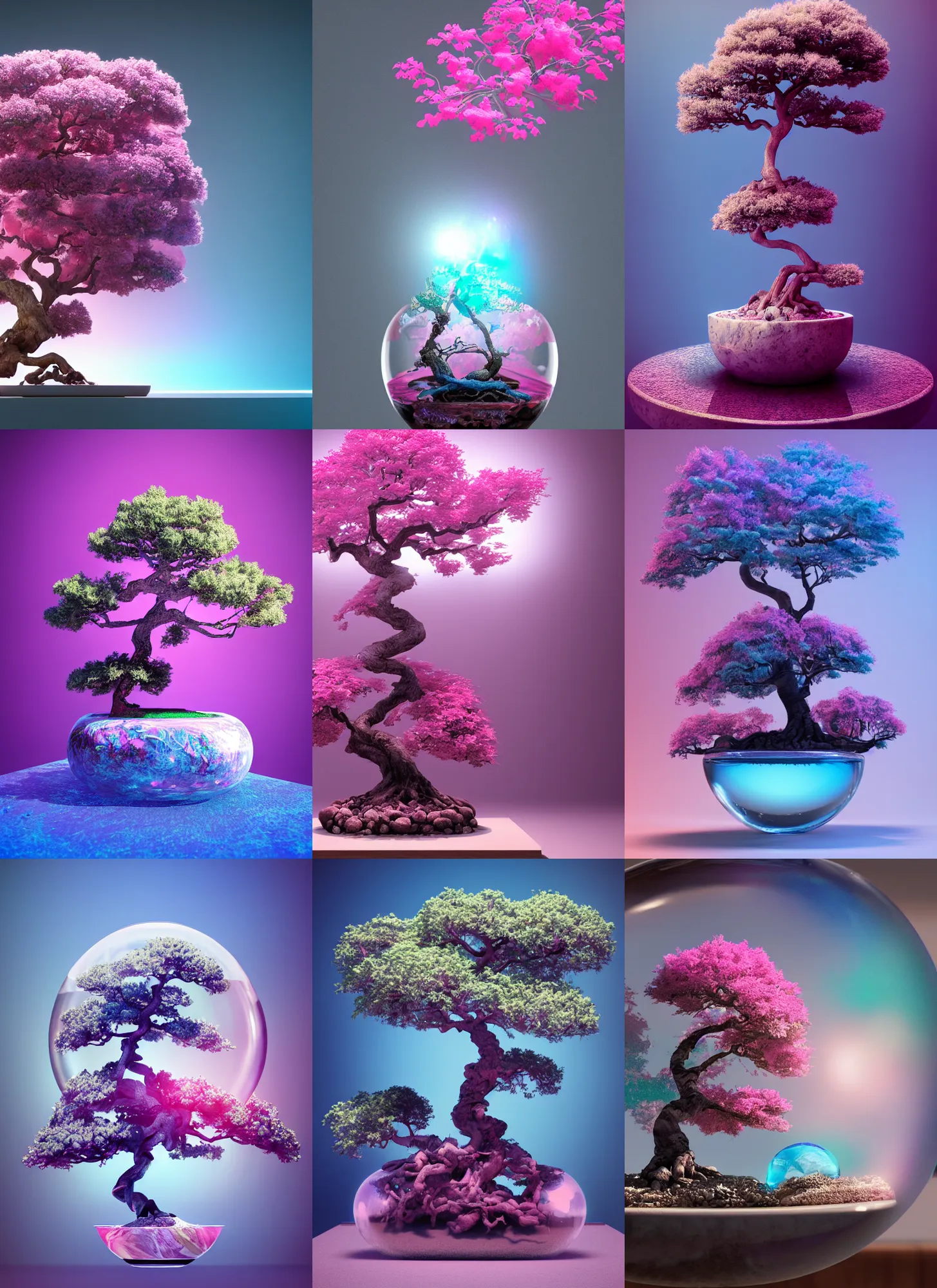 Prompt: pink and blue bonsai tree inside a glass marble, intricate detail, volumetric lighting, epic composition, hyper detailed, ultra realistic, telescope,, sharp focus, octane render, volumetric, ray tracing, artstation trending, cgsociety, sense of awe, 4 k