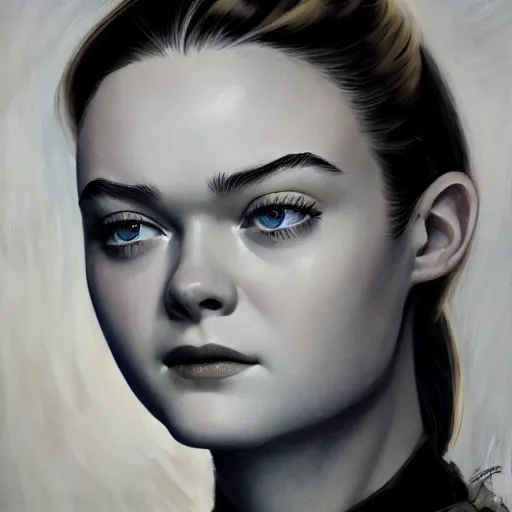 Prompt: ultra realistic head and shoulders portrait painting of elle fanning in fallout 3, art by frank frazetta, 4 k, ultra realistic, highly detailed, epic lighting