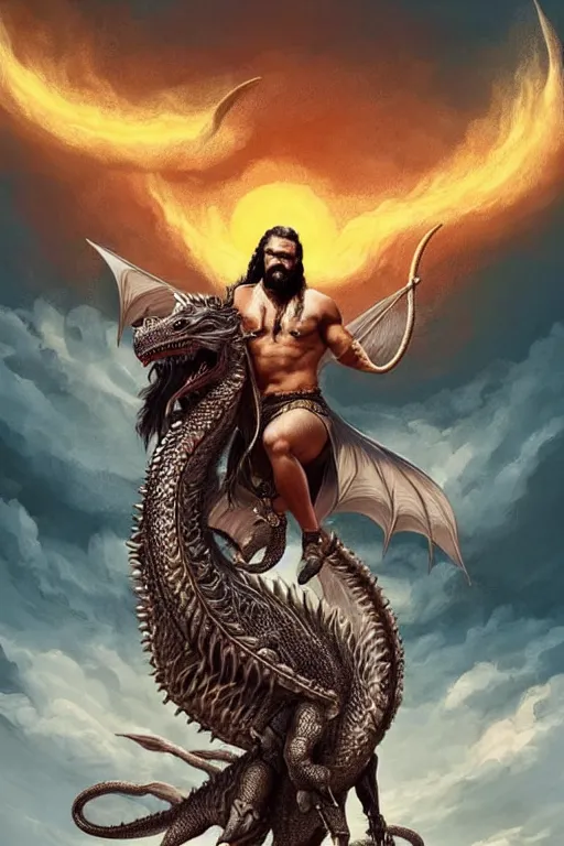 Image similar to beautiful, ethereal khal drogo ( jason momoa ) riding a dragon, intricate art deco dragon designs, elegant, highly detailed burning background, sharp focus, game of thrones art by artgerm and beeple and greg rutkowski and wlop