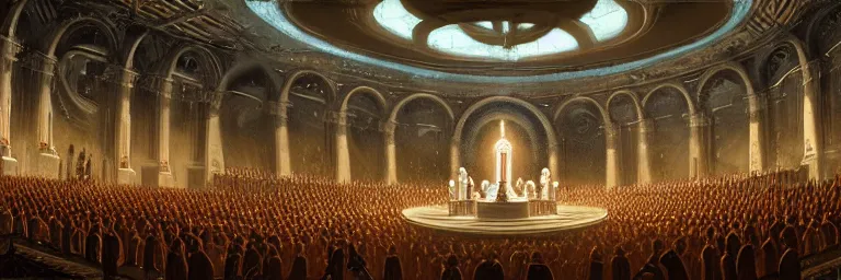 Image similar to a crowd of worshipers praying to a portal to heaven, by James Gurney, luminous lighting, cinematic, panoramic, aspect ratio 1:3