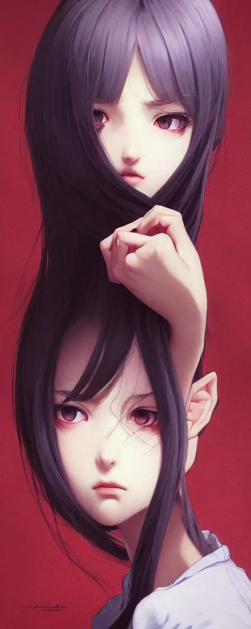 Image similar to a beautiful youth teenage depressed ocd psychotic popular girl in school struggling with morbid thoughts realized, angry eyes, soft skin, magnificent art by ilya kuvshinov, claude monet, range murata, artgerm, norman rockwell, highly detailed intricately sharp focus, bedroom eyes trending on pinterest, tiktok 4 k uhd image