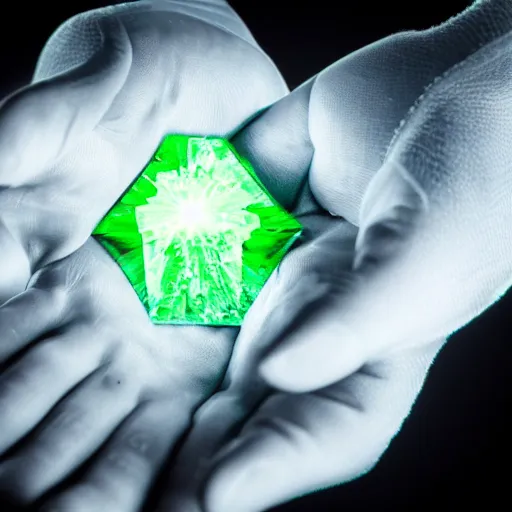 Image similar to a glowing green crystalline shard of kryptonite held in an open black - gloved hand, black background