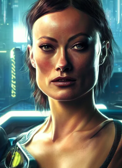 Prompt: portrait of Olivia Wilde as a drug addicted character in Cyberpunk 2077, looking at camera, intricate, dystopian, sci-fi, extremely detailed, digital painting, artstation, concept art, smooth, sharp focus, illustration, intimidating lighting, incredible art by artgerm and greg rutkowski and alphonse mucha and simon stalenhag