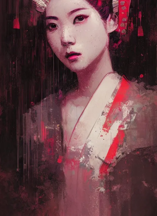 Image similar to female geisha girl, beautiful face, neon, rule of thirds, intricate outfit, spotlight, by greg rutkowski, by jeremy mann, digital painting