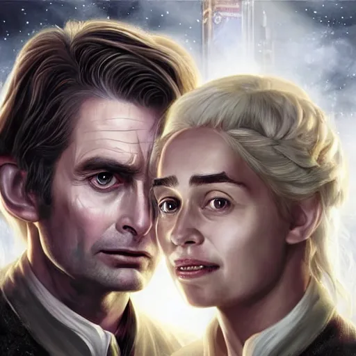 Image similar to daenerys targaryen with david tennant as tenth doctor who in tavern, highly detailed, sharp focus, digital art, defined facial features, symmetrical facial features, close up, art by greg rutkowski