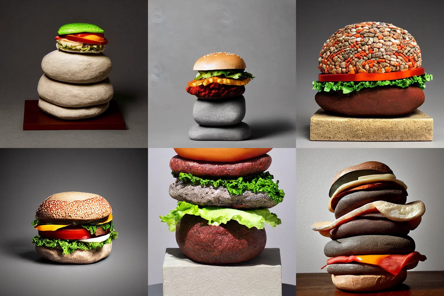 Prompt: stacked stone sculpture of a hamburger by Devin Devine. gallery photograph, indoor lighting