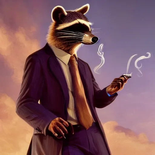 Image similar to a racoon wearing a suit smoking a cigar on his mouth, dramatic lighting, cinematic, establishing shot, extremly high detail, photorealistic, cinematic lighting, artstation, style by James Gurney