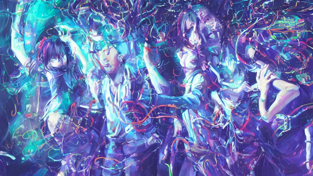 Image similar to a detailed painting of two people dressed as gen z dancing togheter in a nightclub, inspired by yoshitaka amano enveloped in trails of colorful animal ghosts floating around them. clean painting, realistic and auora lighting. dark blue and intense purple color palette, art by kuvshinov ilya, 8 k
