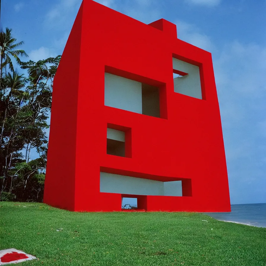 Prompt: 1 9 9 8 red castle designed by arthur bispo do rosario, helio oiticica, tarsila do amaral, frank weston and gustave baumann, major arcana, f - 9 1 / 1 2 5, brutalism, beach background, colorful refracted sparkles, star lines, soft light, 8 k