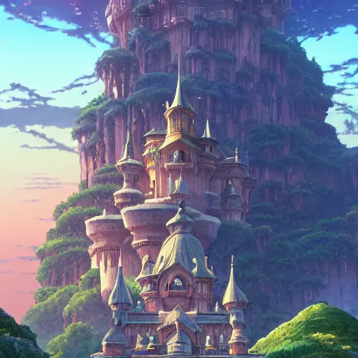 Prompt: An imposing and highly ornamented fantasy castle, Carved from Sapphire stone, Atmosphere, Dramatic lighting, Beautiful Landscape, Epic composition, Wide angle, by Makoto Shinkai and studio Ghibli