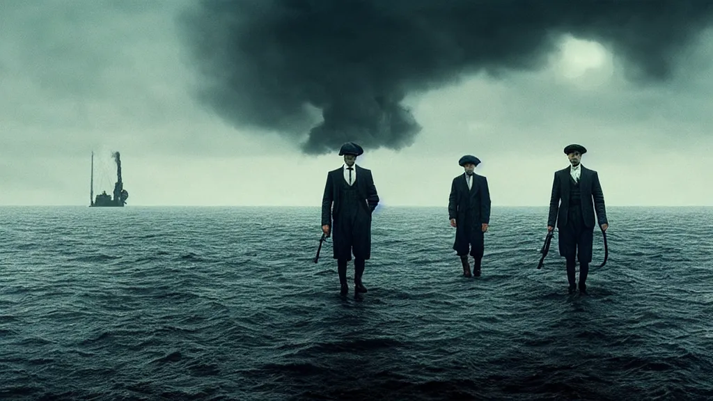 Prompt: photo of the Peaky Blinders coming out of the ocean, extreme detailed face, spaceship far on the background, film still from the movie directed by Denis Villeneuve with art direction by Zdzisław Beksiński, wide lens