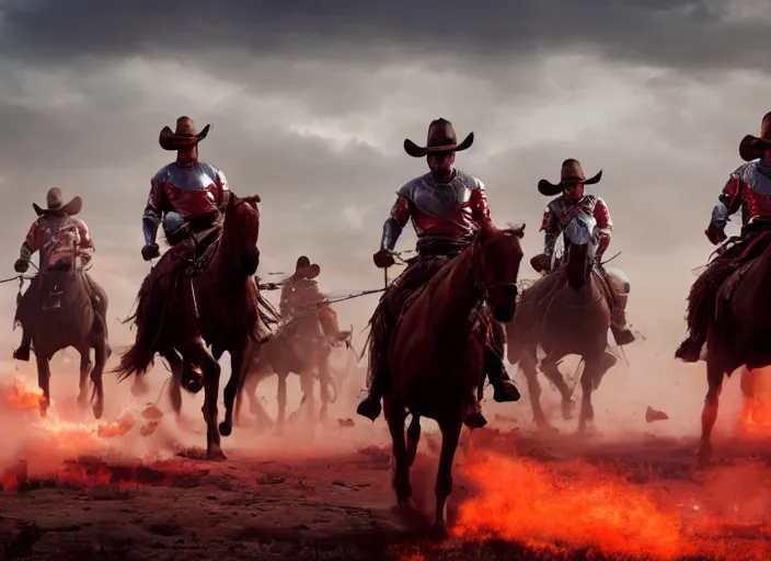 Prompt: cinematic shot of cowboy outriders on horseback wearing suits of armor and cowboy hats fighting with swords in battle against enemies in red armor by Greg Rutkowski, 4k, masterpiece