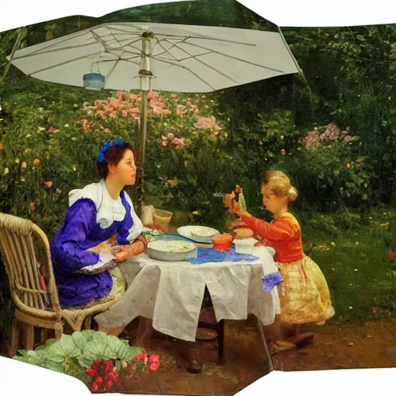 Image similar to a housewife and her daughter putting dishes on a table in the backyard, a tilted parasol sits above the table, a garden with colorful flowers in the background, rainy scene, cozy 1 9 5 0's, medium symmetry, by ilya repin, extreme detail, 8 k, intricate abstract, photorealistic