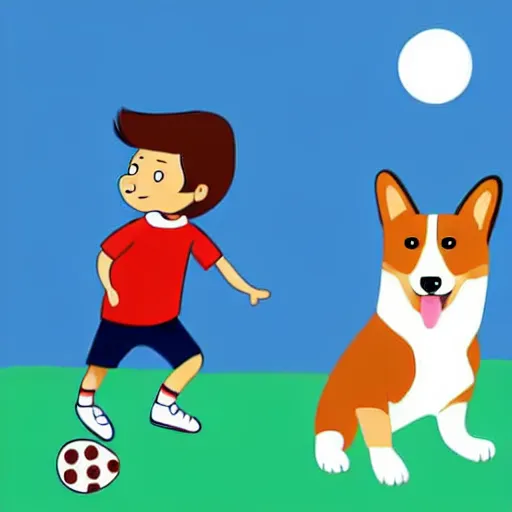 Image similar to illustration of french boy in paris playing football against a corgi who is wearing a polka dot scarf