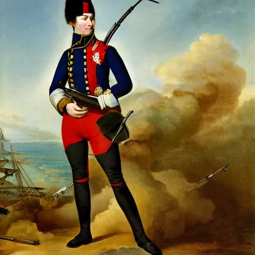 Image similar to a shrimp - faced soldier in a napoleonic uniform with a modern machine gun against a green sea background