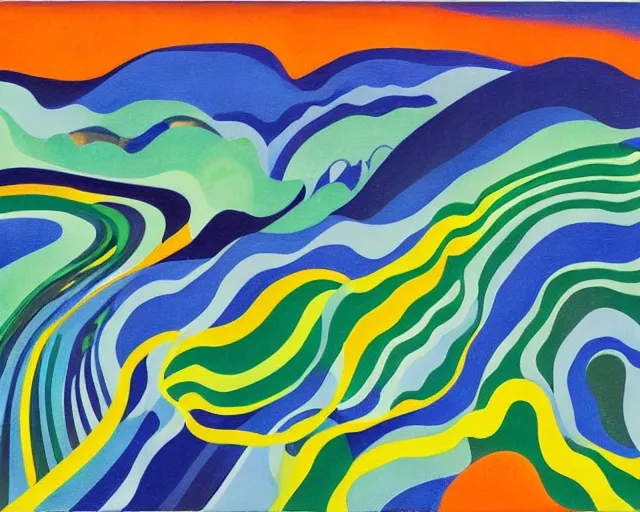 Image similar to A wild, insane, modernist landscape painting. Wild energy patterns rippling in all directions. Curves, organic, zig-zags. Saturated color. Mountains. Clouds. Rushing water. Wayne Thiebaud. Charles Burchfield. Ernst Kirchner.