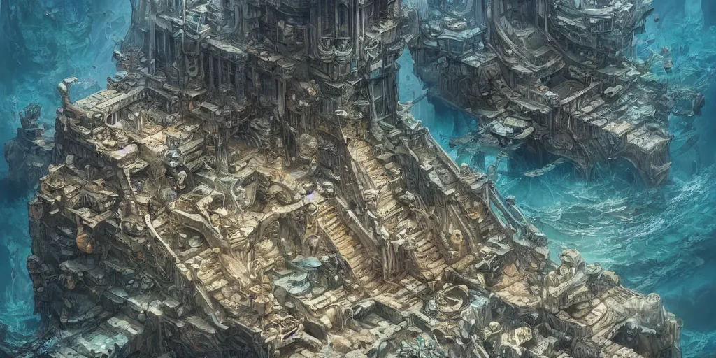 Image similar to masterpiece artwork of a underwater city on a aguarium, hyper detailed, art, trending in artstation, behance, deviantart, art style by kim jung gi and greg rutkowski