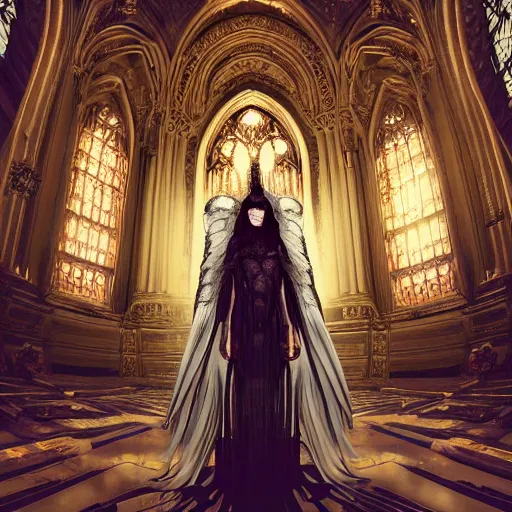 Prompt: tall female angel, wings, shrouded, veiled, ornate cyberpunk armor, flowing robes in an ornate cyberpunk interior, ruins, high arches, cyberpunk cathedral, Cathedral, 8K, trending on artstation, volumetric light, lightrays, smoke, cinematic, atmospheric, octane render, insanely detailed and intricate, hypermaximalist, elegant, ornate, luxury, elite, by James Jean, hyper realistic, super detailed, golden ratio