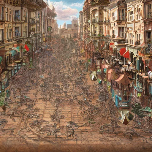 Image similar to gigantic ants walking through the center of a town, extreme detail, abstract realism, highly ornate intricate details, 1 9 2 0's colored pencil, 4 k, cinematic lighting,