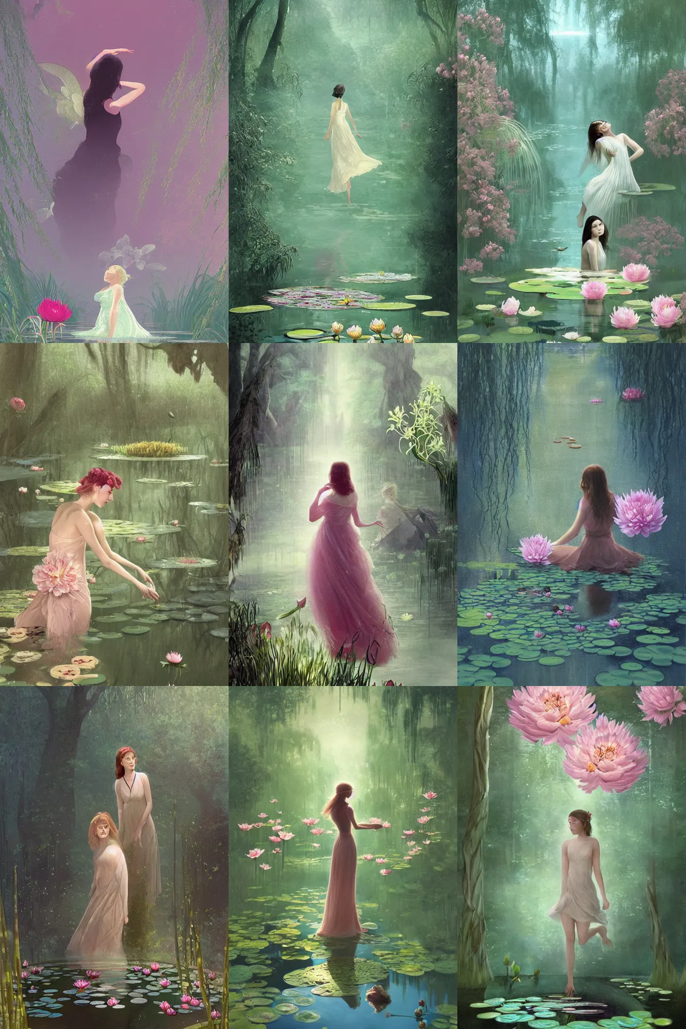 Prompt: woman hannah dodd a cinematic moment between friends portrait a fairy lily pad pond with a weeping willow peonies, silhouette, Minimal Movie Posters, fantasy magic, art masterpiece by Greg Rutkowski, Gaston Bussiere, craig mullins, #wip #illustration #illustradraw #illustrator #vector #colors #colorschemes