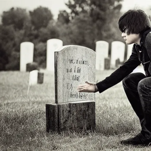 Prompt: emo guy giving a flying box to his daughter's tombstone