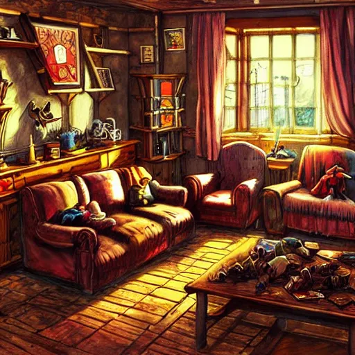 Prompt: the interior of a German living room. The mood is warm and friendly. dungeons and dragons style. highly detailed, digital painting, artstation, concept art, sharp focus, illustration, art by Josh kirby and John romita jr and moebius