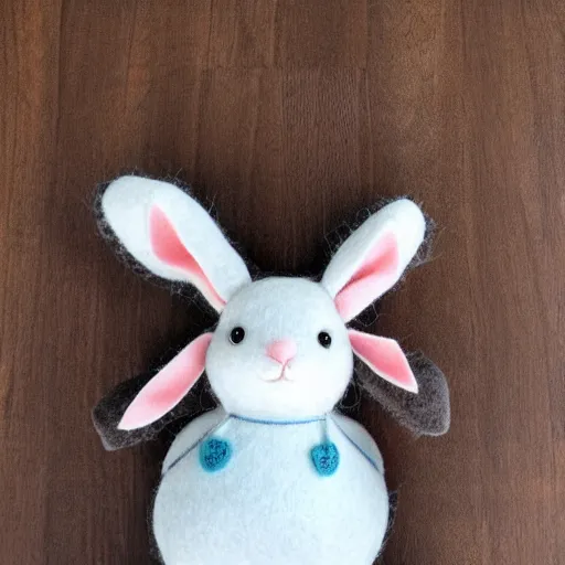 Prompt: a cute elegant felt plush doll of a rabbit wearing dungarees