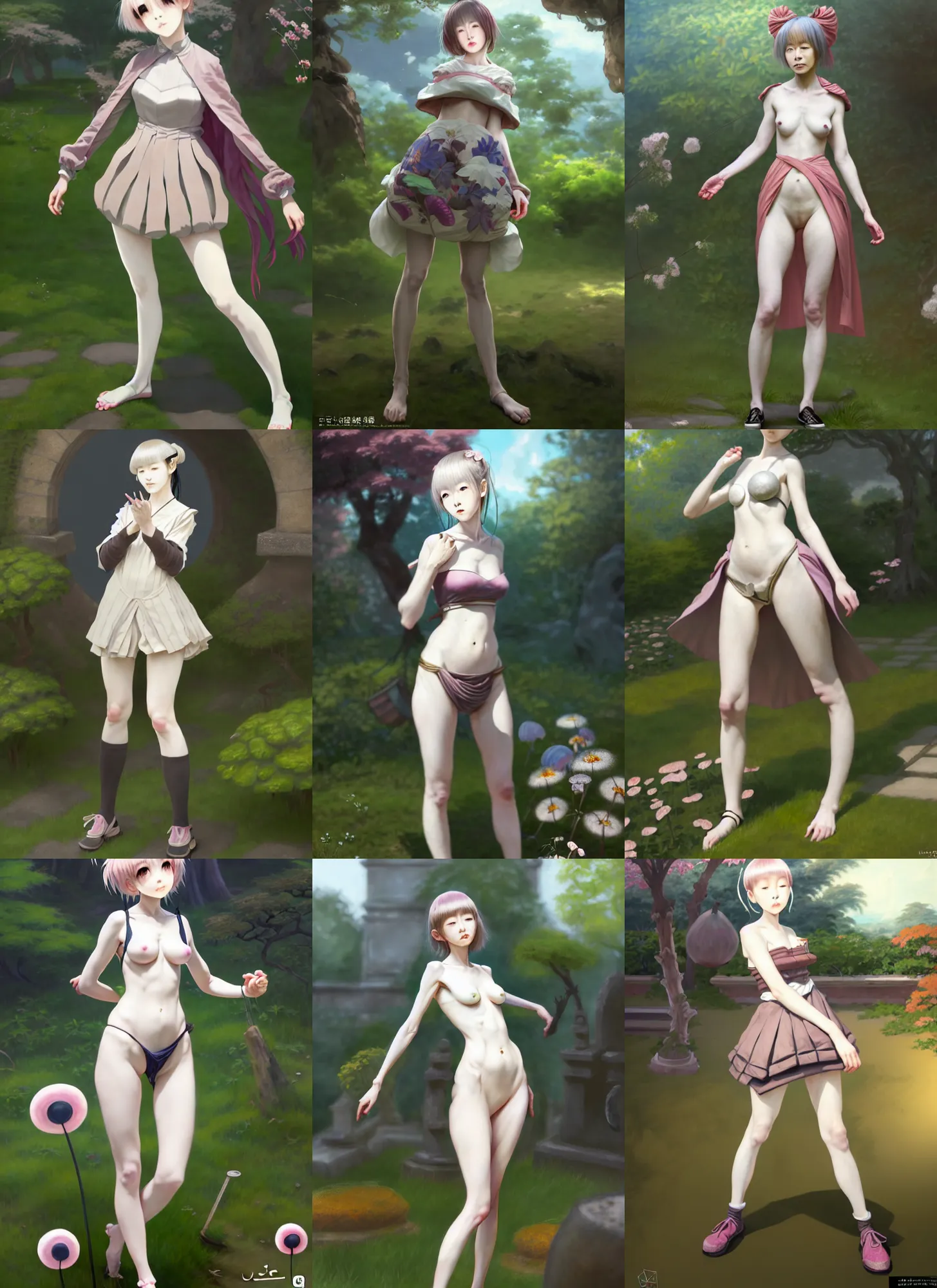 Prompt: costume design from japan designers, artist reference pictures pose, anatomy skills,sophisticated composition, old masters light composition, procedurally generated, epic anthropomorphic kawaii human girl character posing for concept art, ancient garden behind her, substance designer, PBR, HD, Ultra detailed, hyperrealistic, megascans, volumetric light, concept by master artist, made in paint tool SAI2, trending pixiv face