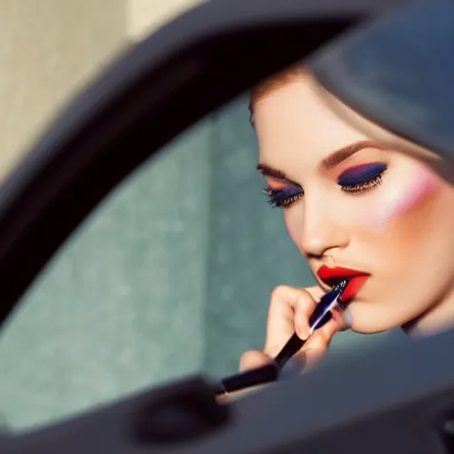 Image similar to a close - up of young woman looking in rear view mirror doing makeup, applying lipstick, photorealistic, hyperrealism, high resolution, ultra - detailed, k 4, kodak portra 4 0 0