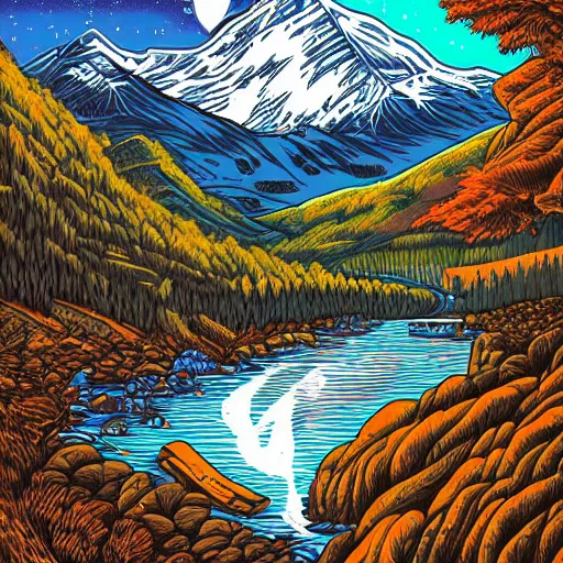 Prompt: Mountains and rivers by Dan Mumford