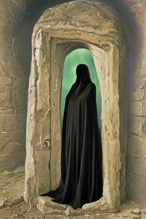 Image similar to mysterious hooded woman, realism hovering over the ground in front of a portal opening up into the depth of a new realm, epic surrealism 8k oil painting, high definition, post modernist layering, by René Lalique