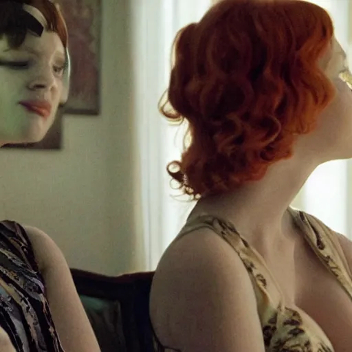 Image similar to a very surprised beautiful Christina Hendricks and her twin sister in the living room, film still from the movie directed by Denis Villeneuve with art direction by Salvador Dalí, wide lens