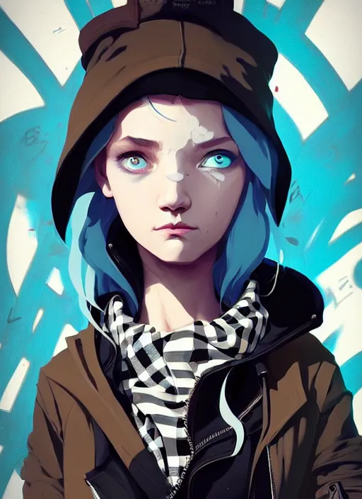 Image similar to highly detailed portrait of a sewer punk lady student, blue eyes, burberry hoodie, white hair by atey ghailan, by greg rutkowski, by greg tocchini, by james gilleard, by joe fenton, by kaethe butcher, gradient blue, black, brown and cyan color scheme, grunge aesthetic!!! ( ( graffiti tag wall background ) )