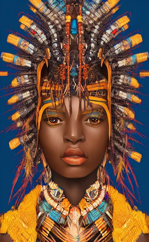 Prompt: upper half portrait of retro futuristic african tribal chief - embellished with vegetation and iridescent crystals, art by chsiao - ron cheng, highly detailed, digital painting, concept art, illustration, smooth sharp focus, intricate, symmetry, artstation, colourful,