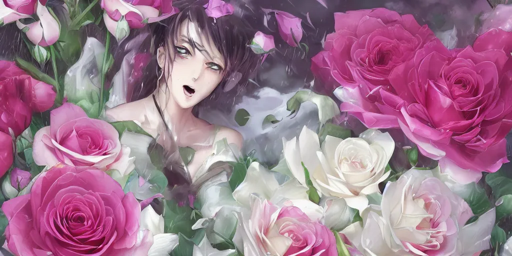 Image similar to magic invisible blade slicing through a bouquet of white and pink roses, flowers exploding and spraying, big puffy clouds, sharp rain, large rose petals, lotus petals, large polygonal background elements, large polygons, dramatic anime, dramatic lighting, artgerm, manga, trending on artstation, art nouveau, mature colors