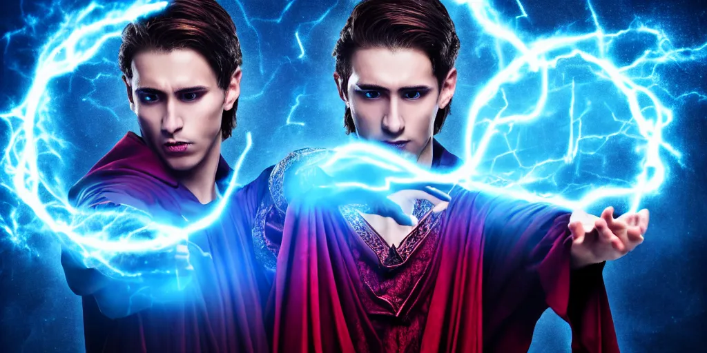 Image similar to epic scene of a handsome male sorcerer with brown hair, he is casting a blue and red spell that is emanating from his hands, heroic pose, medium shot, waist up, epic composition, post processing, cinematic poster