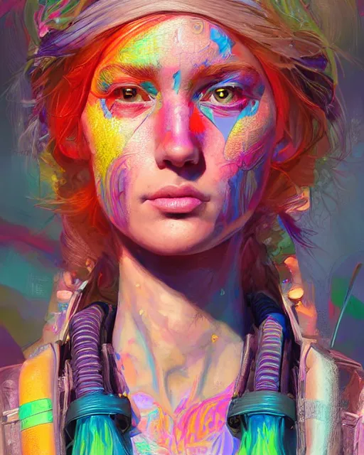 Image similar to colorful character portrait of a female hippie, set in the future 2 1 5 0 | highly detailed face | very intricate | symmetrical | cinematic lighting | award - winning | painted by mandy jurgens | pan futurism, dystopian, bold colors, cyberpunk, groovy vibe, anime aesthestic | featured on artstation