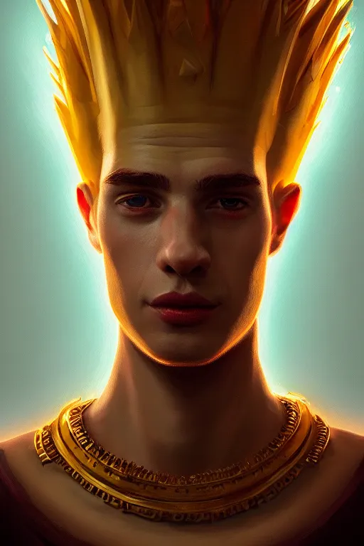 Prompt: highly detailed portrait of an elegant bart simpson, ornate crown, beautiful symmetrical face, glowing skin, digital painting, artstation, concept art, smooth, clear focus, illustration, greg rutkowski, artgerm, global lighting, detailed and fantasy