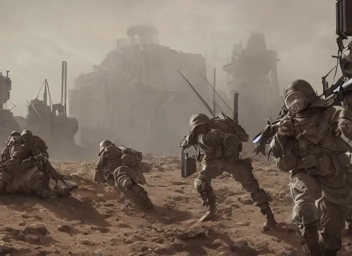 Image similar to still of christian soldiers fighting in world war one, mars setting, dieselpunk, concept art, artstation, stephen bliss, unreal engine, game screenshot