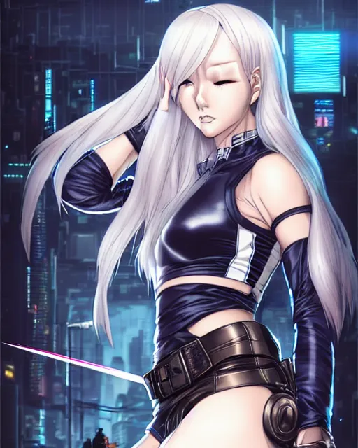 Image similar to The successful warrior is the average man, with laser-like focus, artwork by artgerm, anime style art, art by Masamune Shirow, cyberpunk streets in Japan, elegant, seductive, long white hair, knee high socks, extra short blue plaid skirt, white blouse, army boots, high fantasy, CGsociety, full length, exquisite detail, post-processing, low angle, masterpiece, mystical, magical