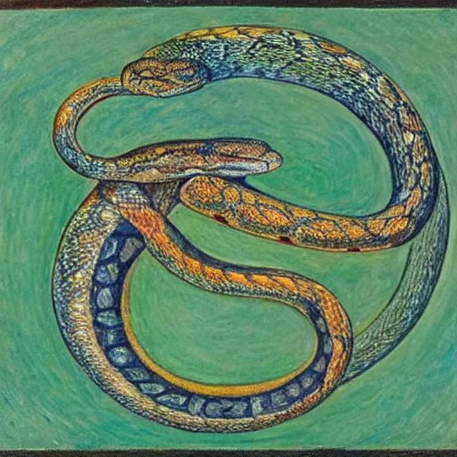 Image similar to circle made of a snake biting its own tail, tinted colours, highly detailed head, famous painting in the style of Claude Monet,