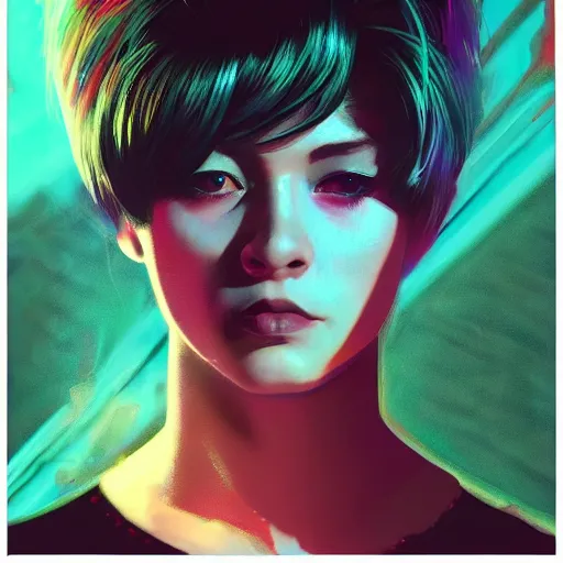 Prompt: hologram punk woman is interested, with cute - fine - face, pretty face, oil slick hair, realistic shaded perfect face, extremely fine details, by realistic shaded lighting, dynamic background, poster by ilya kuvshinov katsuhiro otomo, magali villeneuve, artgerm, jeremy lipkin and michael garmash and rob rey, pascal blanche, kan liu